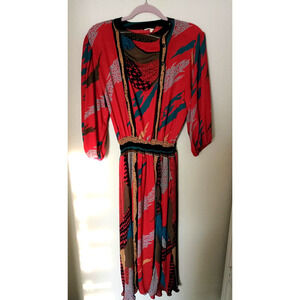 Vintage Diane Freis Red Wearable Art Pleated High Neck Maxi Dress L